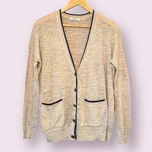 MADEWELL Linen Blend Contrast Trim V-Neck Lightweight Cardigan